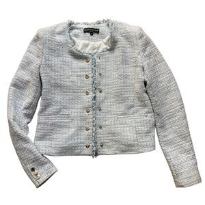 Generation Love Pale Blue Tweed Frayed-Edge Collarless Jacket Interview Outfit